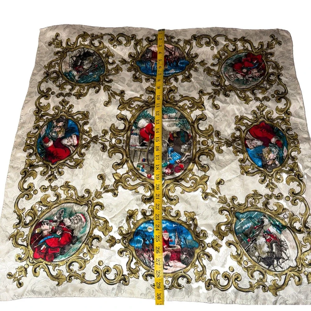 Vintage Christmas Santa Scene Scarf Ivory Gold Baroque Polyester 30x30 Korea